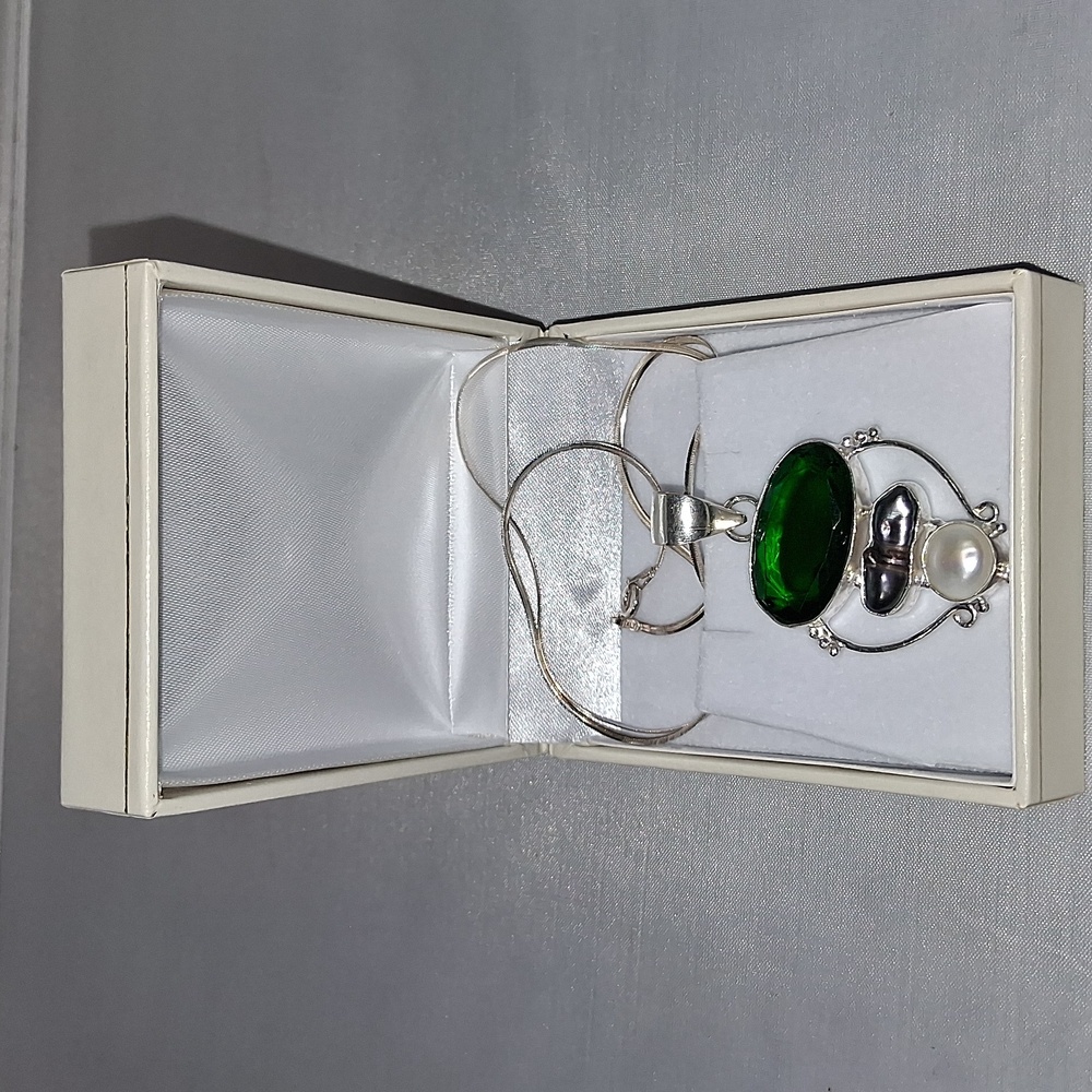 One of a kind Chrome Diopside and Pearls in sterling silver